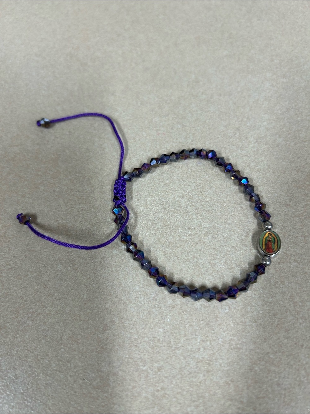 Purple Crystal Bead Adjustable Bracelet with Religious Charm